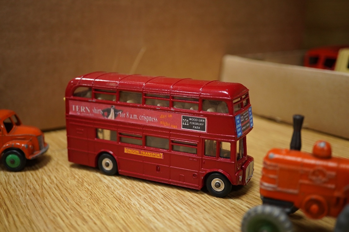Twenty Dinky Toys, seven in reproduction boxes, including; Opel Kapitan, Austin A105 saloon, Packard Clipper Sedan, Euclid rear dump truck, Daimler ambulance, NCB electric van, etc.